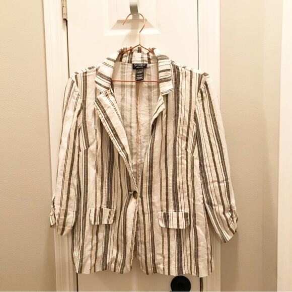 Soho Apparel linen blend gray striped 1 button closure size large - Picture 1 of 5